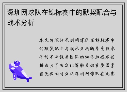 深圳网球队在锦标赛中的默契配合与战术分析