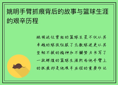 姚明手臂抓痕背后的故事与篮球生涯的艰辛历程